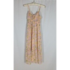 Hippie Rose Dress S Junior's Peach Floral Gold Striped Tiered Midi Delicate